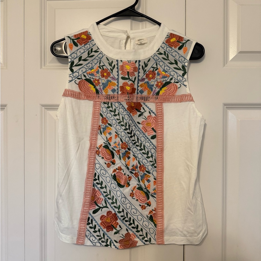 Anthropologie Tiny Embroidered Floral Blue Orange Green Loose Fit Tank MEDIUM